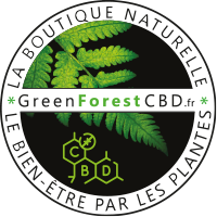 Logo circulaire de GreenForestCBD.fr, mettant en avant une feuille de cannabis au centre avec les inscriptions 'La boutique naturelle' et 'Le bien-être par les plantes' sur fond noir, soulignant l'engagement de la marque dans les produits naturels de CBD.