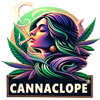 Logo de la marque Cannaclope, représentant une femme élégante avec des cheveux ondulés aux couleurs vives, entourée de feuilles de cannabis et fumant élégamment, symbolisant la gamme de produits CBD de qualité supérieure de cigarette CBD Cannaclope.