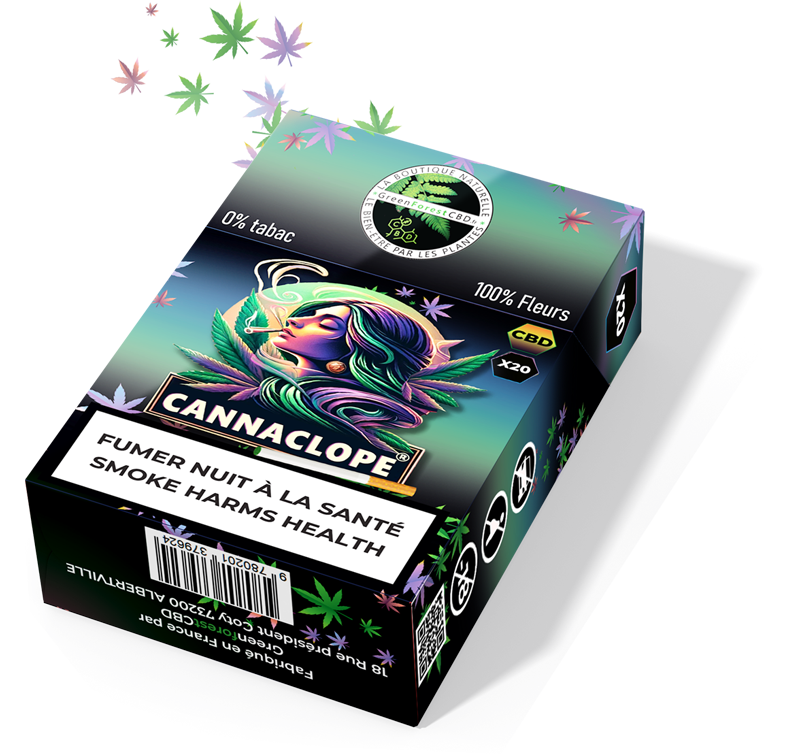 paquet de cigarette CBD Cannaclope avec le logo GreenForestCBD.fr, affirmant 0% tabac et 100% fleurs, et l'avertissement 'Fumer nuit à la santé'