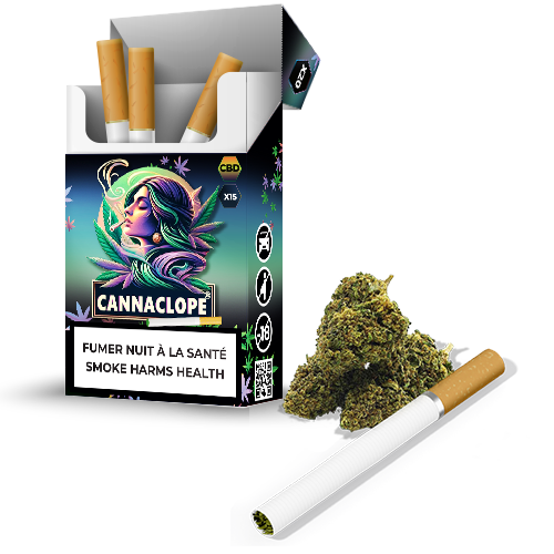 Paquet de cigarettes CBD 'Cannaclope' avec 20 unités, portant l'avertissement 'Fumer nuit à la santé', et une présentation visuelle de CBD naturel sans tabac.